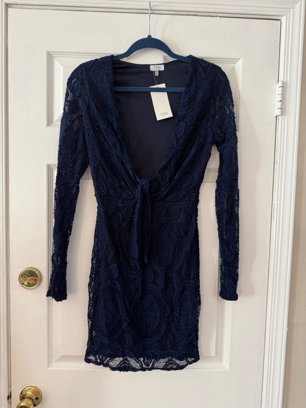 Tobi Navy Long Sleeve Lace Tie-Front Dress